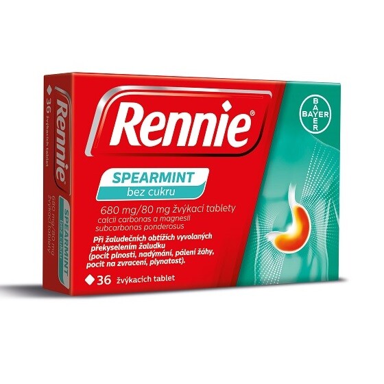 Rennie spearmint bez cukru 680mg/80mg 36 ks žvýkacích tablet